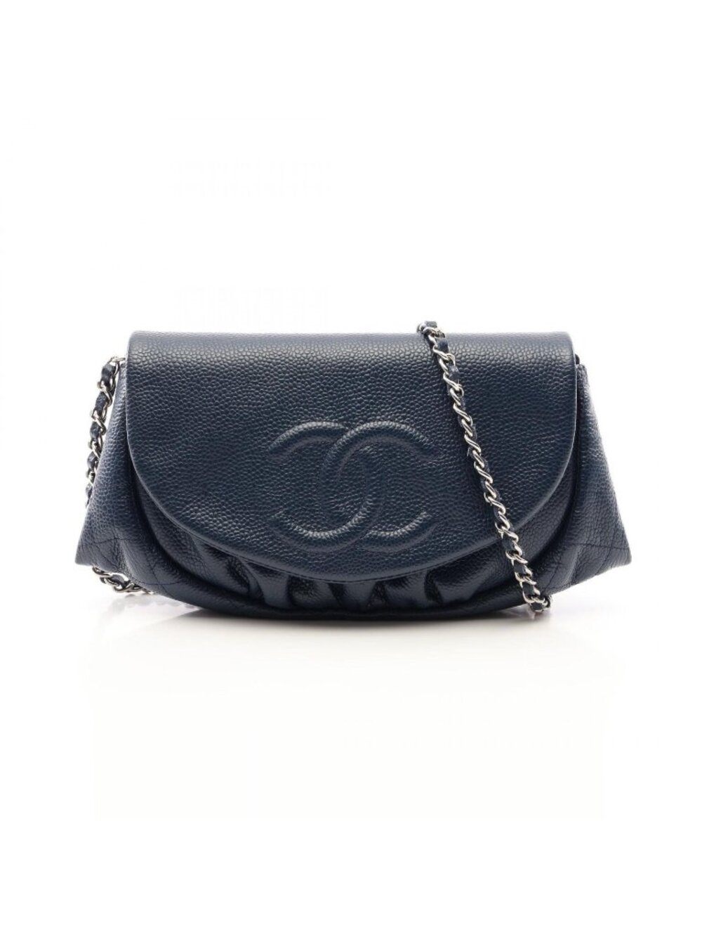 Chanel Shoulder Bag Half Moon CC Logo Navy Caviar Leather CC Chain Wallet